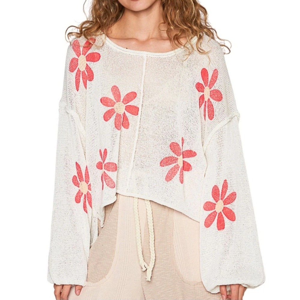 POL Ivory Daisy Sweater Womens Large White Pink Floral Boho Open Knit Oversized